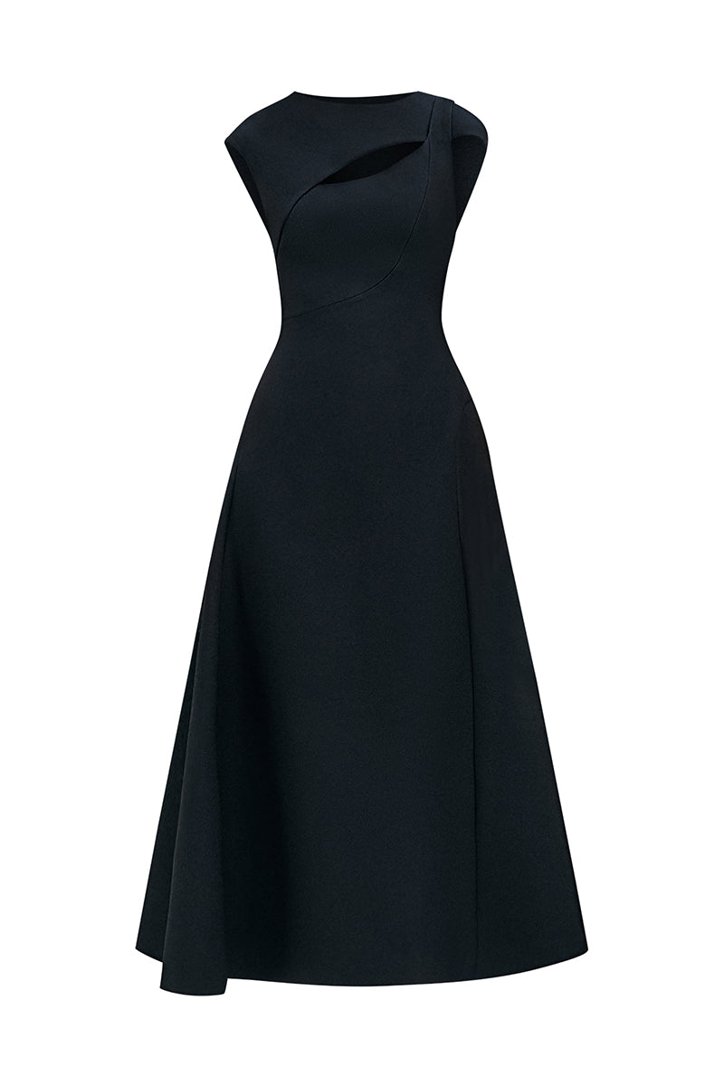 HOLLYHOCK A-LINE CUT-OUT CREPE MIDI DRESS IN BLACK | CULT MIA | LECIA HOLLYHOCK A-LINE CUT-OUT CREPE MIDI DRESS IN BLACK | CULT MIA | LECIA