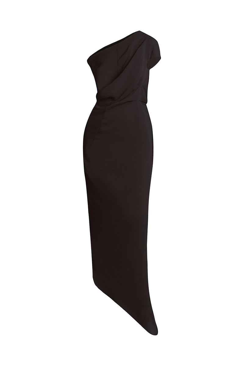 black one shoulder pleated dress Black Satin Dress - Pleated Satin Dress - Ruffled Maxi Dress