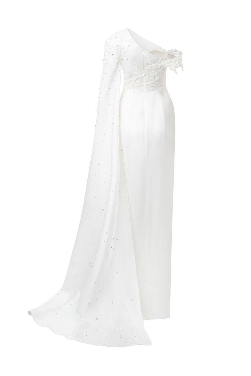 WHITE ASYMMETRIC SLEEVE SIDE SLIT GOWN - CULT MIA