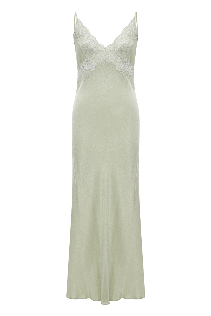CAROLINE LONG RAYON NIGHTGOWN WITH LIGHT GREEN LACE | CULT MIA | Bocan Couture CAROLINE LONG RAYON NIGHTGOWN WITH LIGHT GREEN LACE | CULT MIA | Bocan Couture