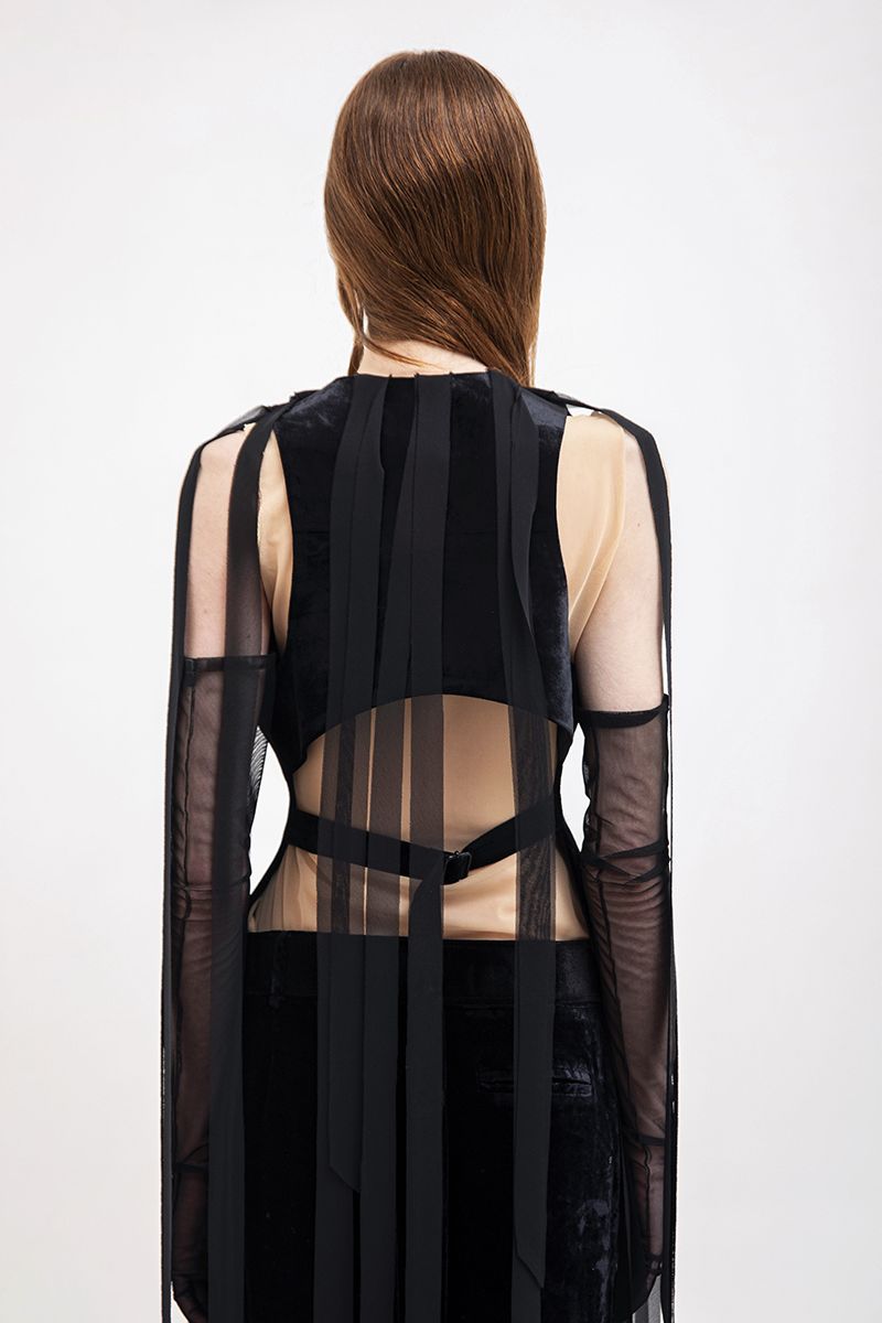 VEST WITH CHIFFON RIBBONS IN BLACK - CULT MIA