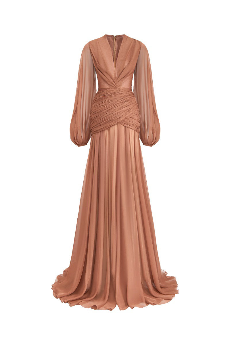 BROWN V-NECK LONG-SLEEVE MAXI DRESS | CULT MIA | CEM BROWN V-NECK LONG-SLEEVE MAXI DRESS | CULT MIA | CEM