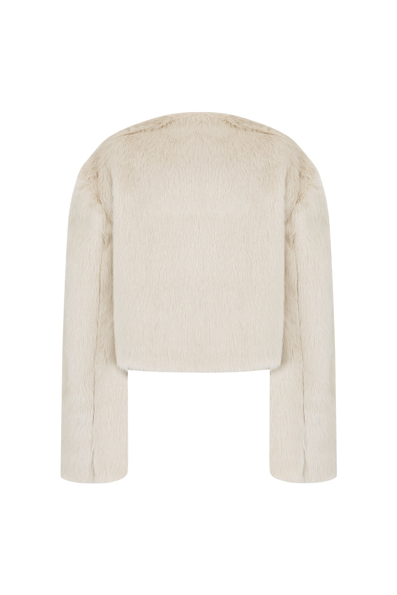 EXAGGERATED SHOULDER SHEARLING JACKET IN BEIGE - CULT MIA