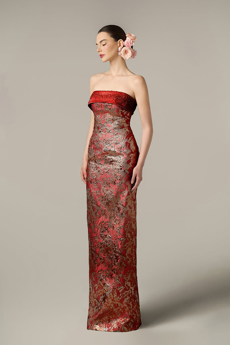 METALLIC JACQUARD AND SILK TAFFETA DRESS IN RED - CULT MIA