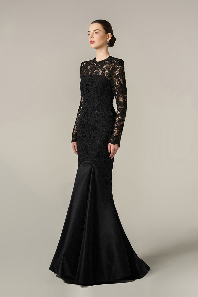 GUIPURE LACE AND TAFFETA DRESS IN BLACK - CULT MIA