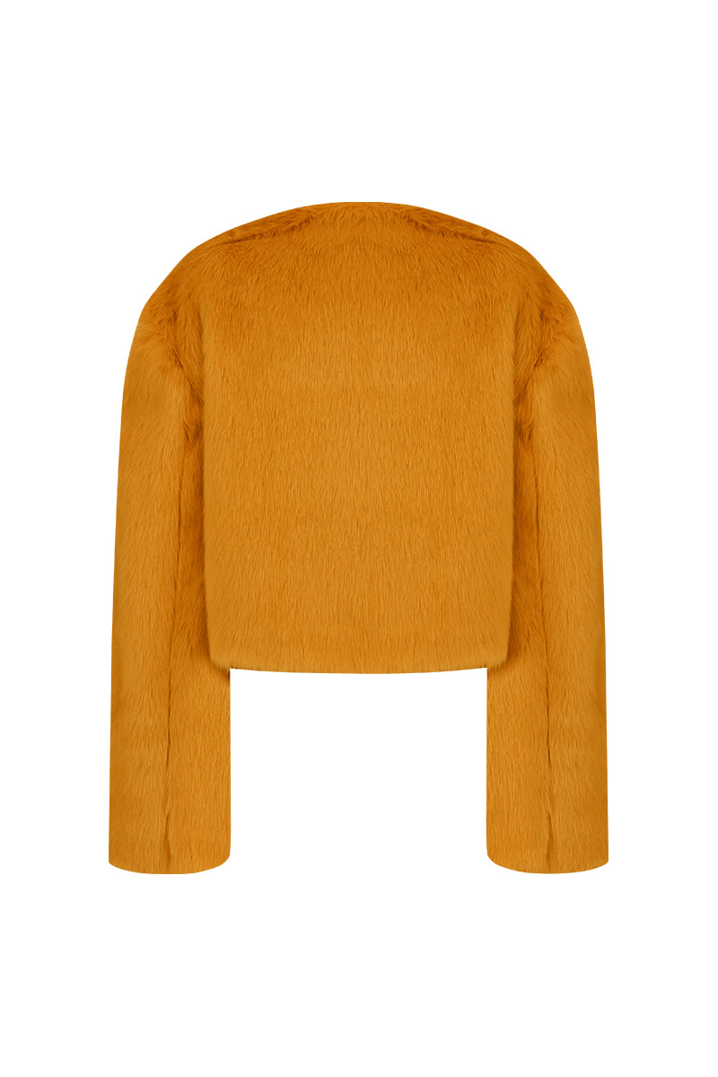 EXAGGERATED SHOULDER SHEARLING JACKET IN ORANGE - CULT MIA