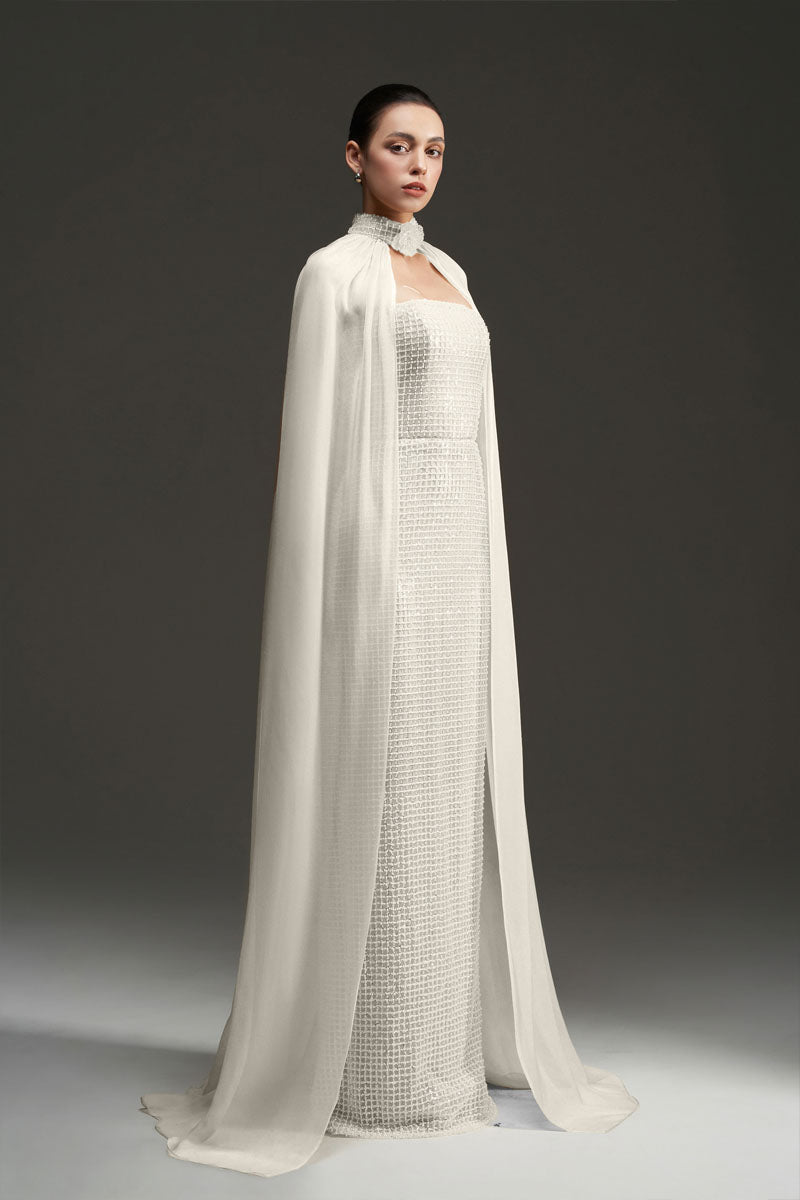 PEARL SQUARE MESH LACE AND CHIFFON DRESS IN SILVER - CULT MIA