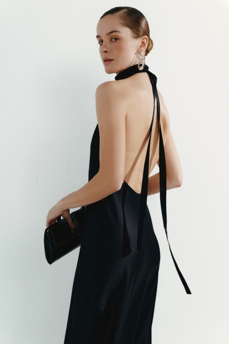DENIZ BLACK HALTER-NECK SILK-SATIN MIDAXI DRESS - CULT MIA