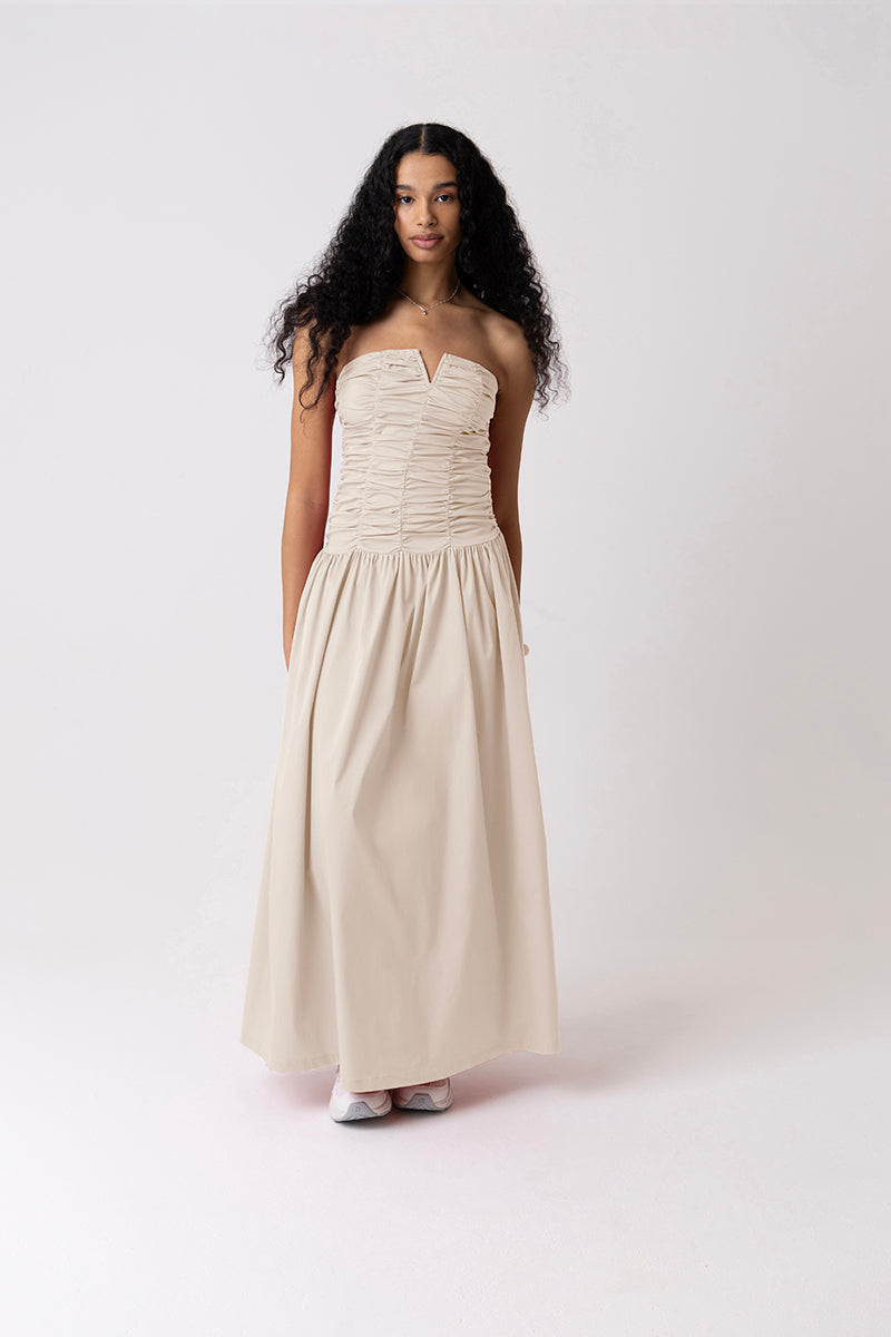 RUCHED COLUMN BARDOT MILK DRESS - CULT MIA