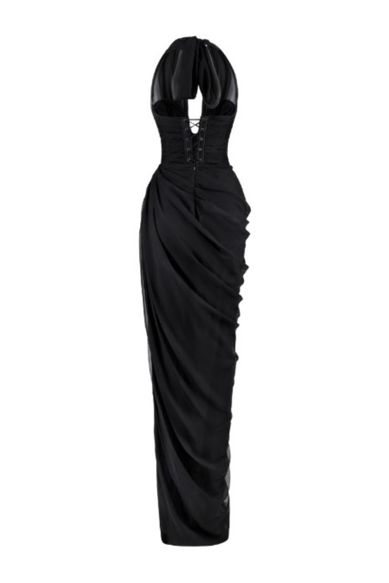 BLACK PLUNGE NECK CHIFFON GOWN - CULT MIA