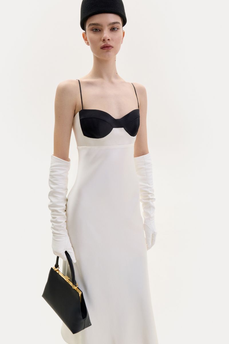 CREAM SILK MIDI DRESS WITH BLACK DETAIL - CULT MIA