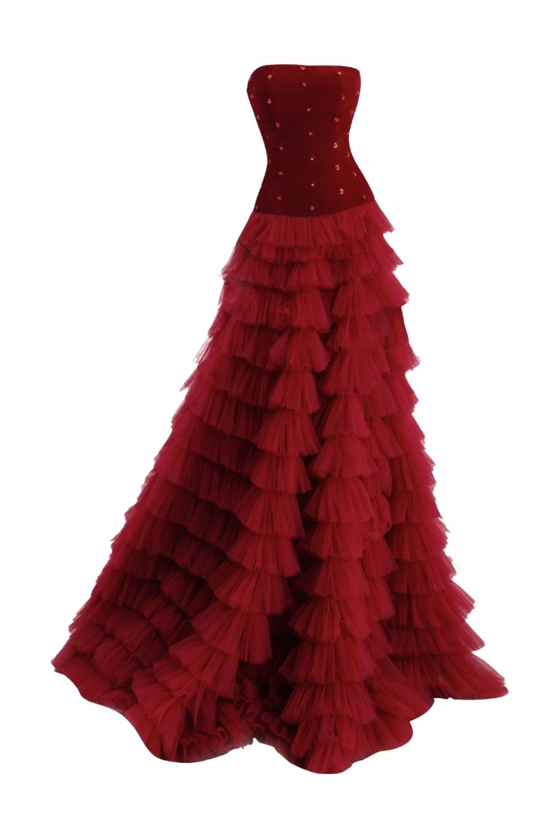 Happy Clothing Emily Red Fit and Flare Strapless Mesh Gown | Cult Mia Happy Clothing Emily Red Fit and Flare Strapless Mesh Gown | Cult Mia