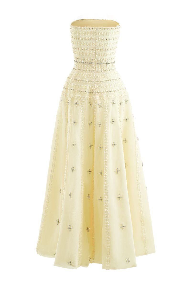 CULT MIA X HAPPY CLOTHING TERRY STRAPLESS STONE ORGANZA MAXI DRESS IN LIGHT YELLOW - CULT MIA