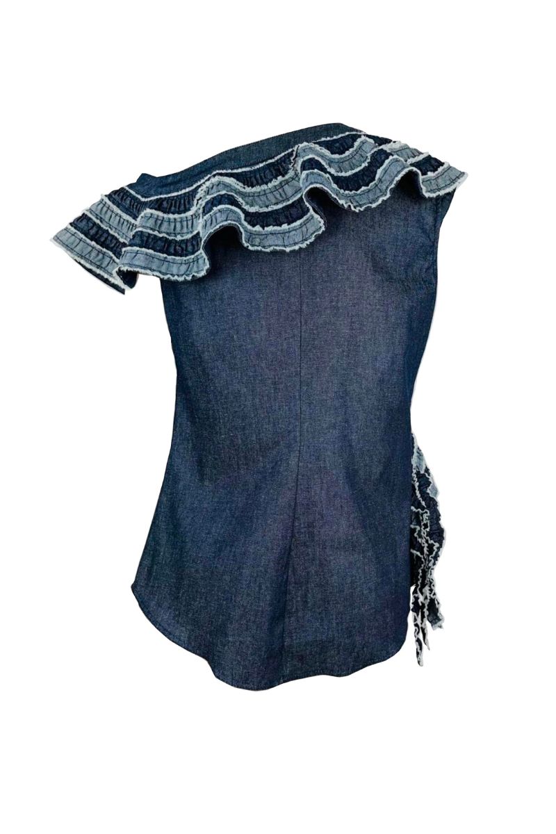ASYMMETRIC FLAIR DENIM TOP IN BLUE - CULT MIA