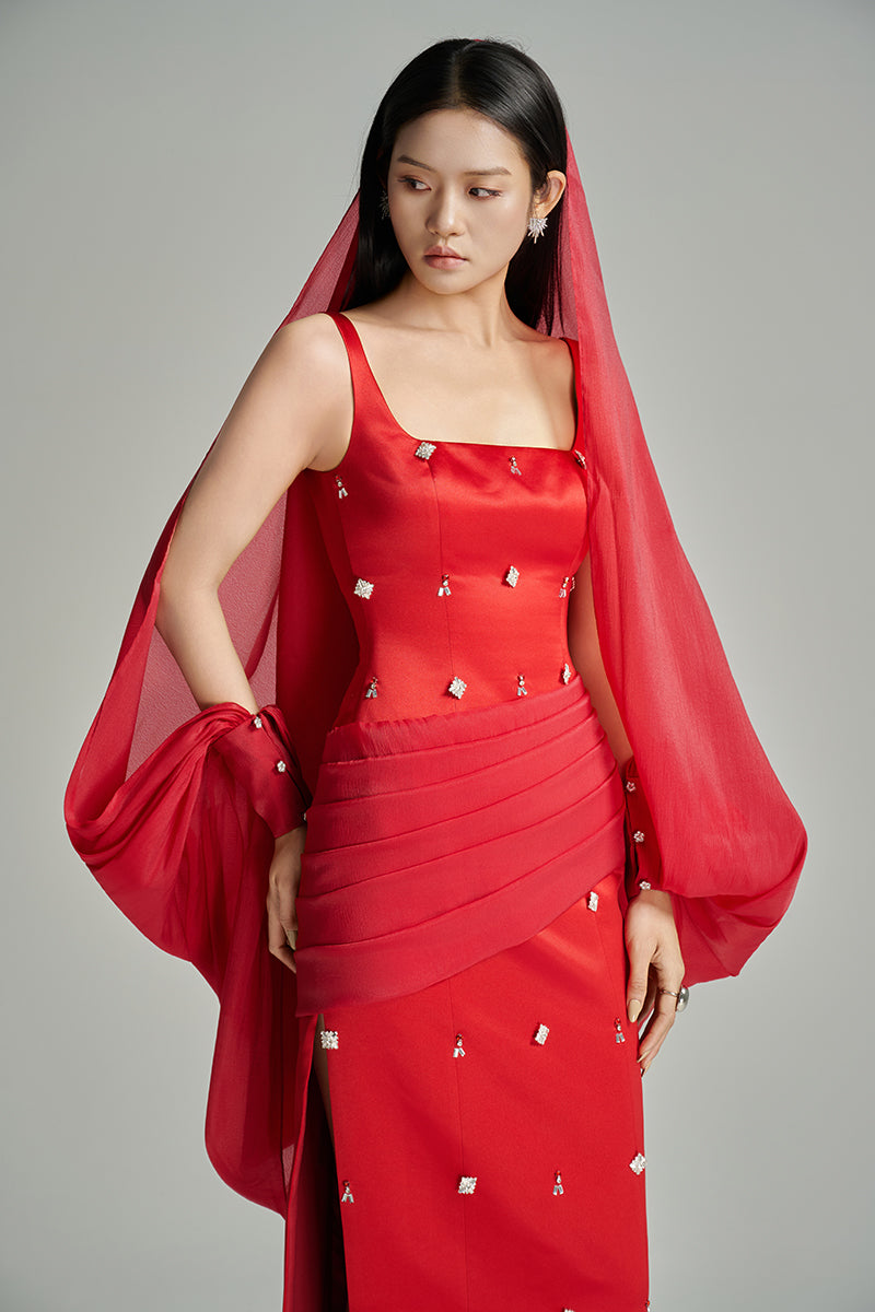 CULT MIA X HAPPY CLOTHING SIENNA SHEATH TAFFETA MAXI DRESS IN RED - CULT MIA