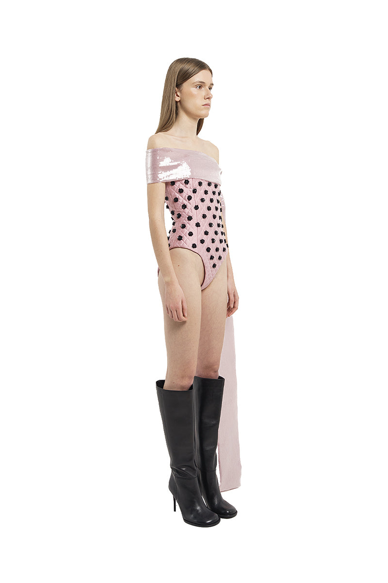 QUILTED BODYSUIT WITH FLOWER EMBROIDERY IN PINK - CULT MIA