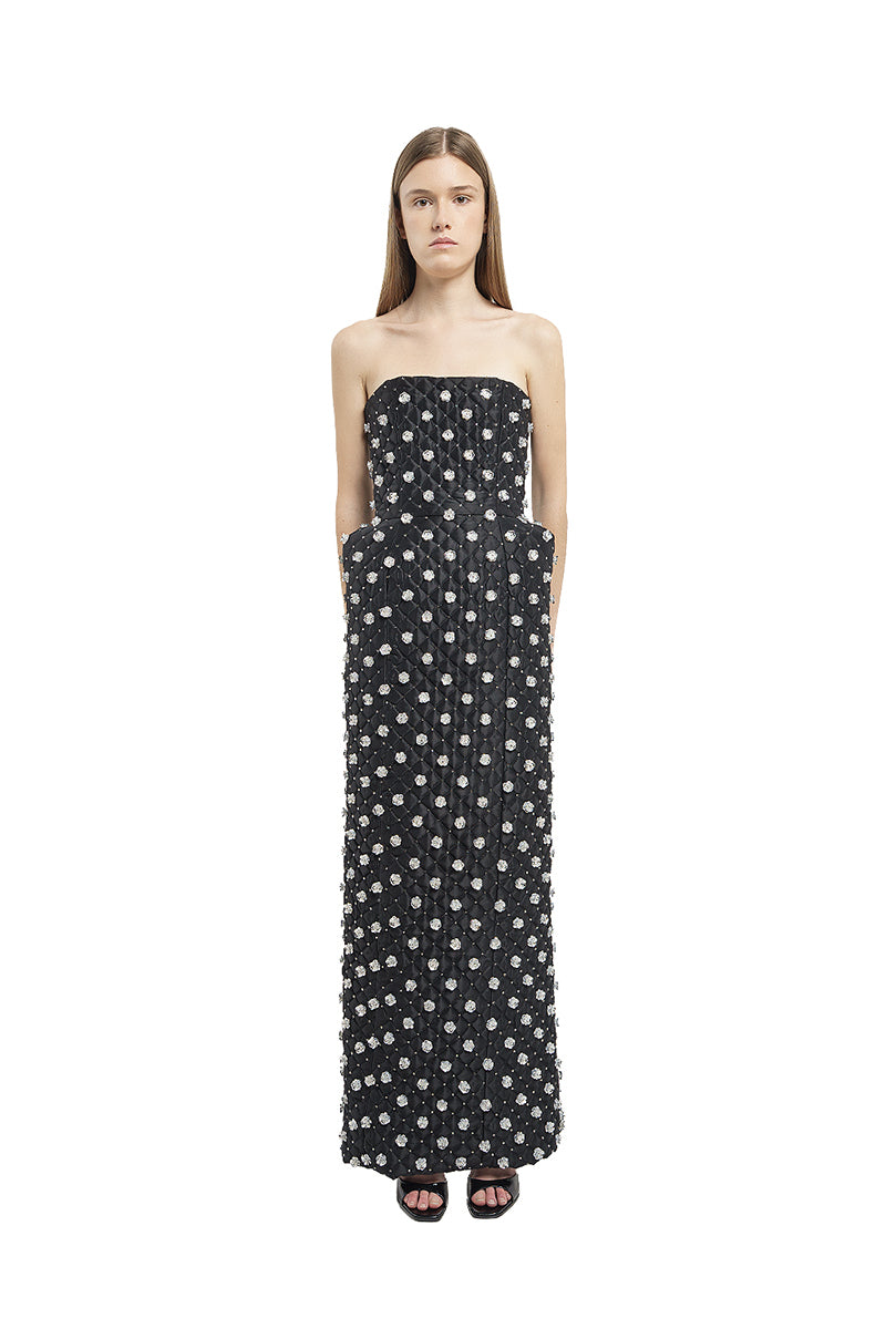 QUILTED DRESS WITH SILVER FLOWER EMBROIDERY IN BLACK - CULT MIA