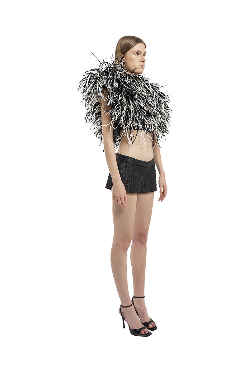 FEATHER ASYMMETRICAL CORSET IN BLACK AND WHITE - CULT MIA