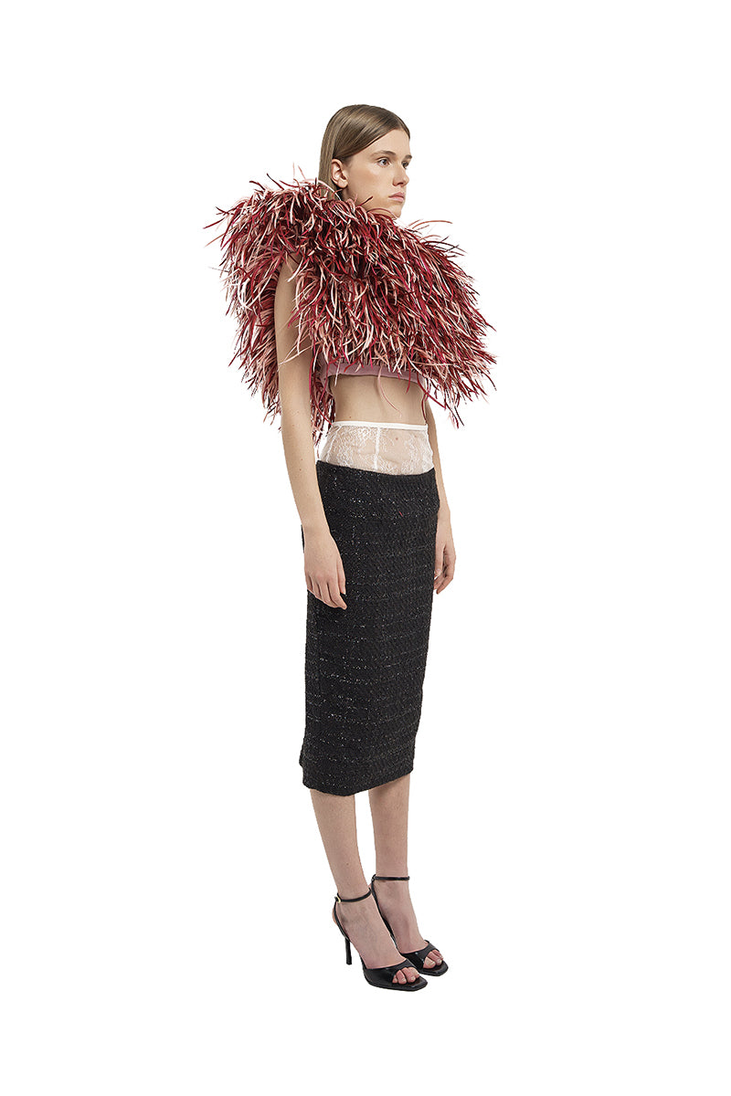 FEATHER ASYMMETRICAL CORSET IN BURGUNDY AND PINK - CULT MIA