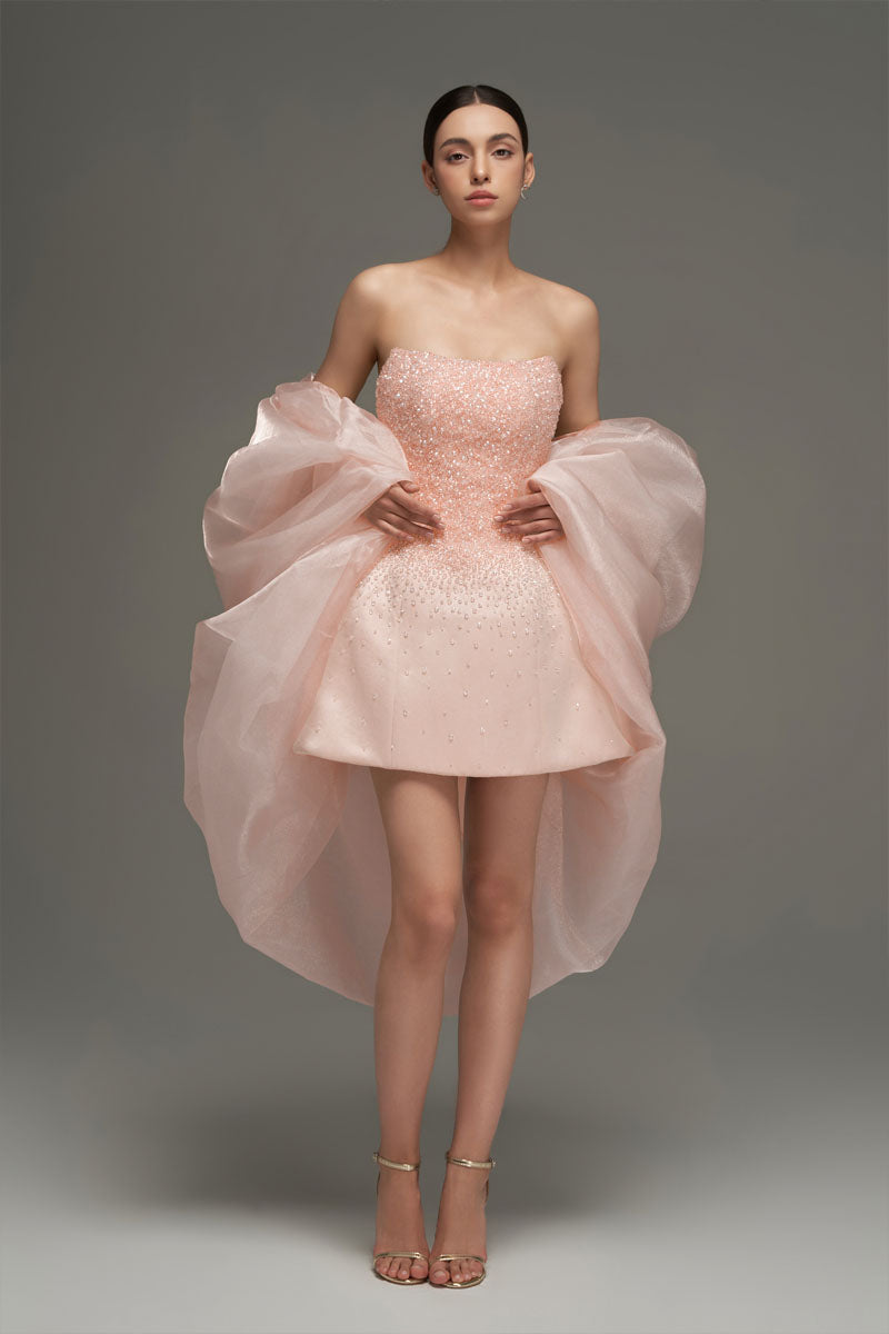 BUSTIER BEADED MINI DRESS IN LIGHT PINK - CULT MIA