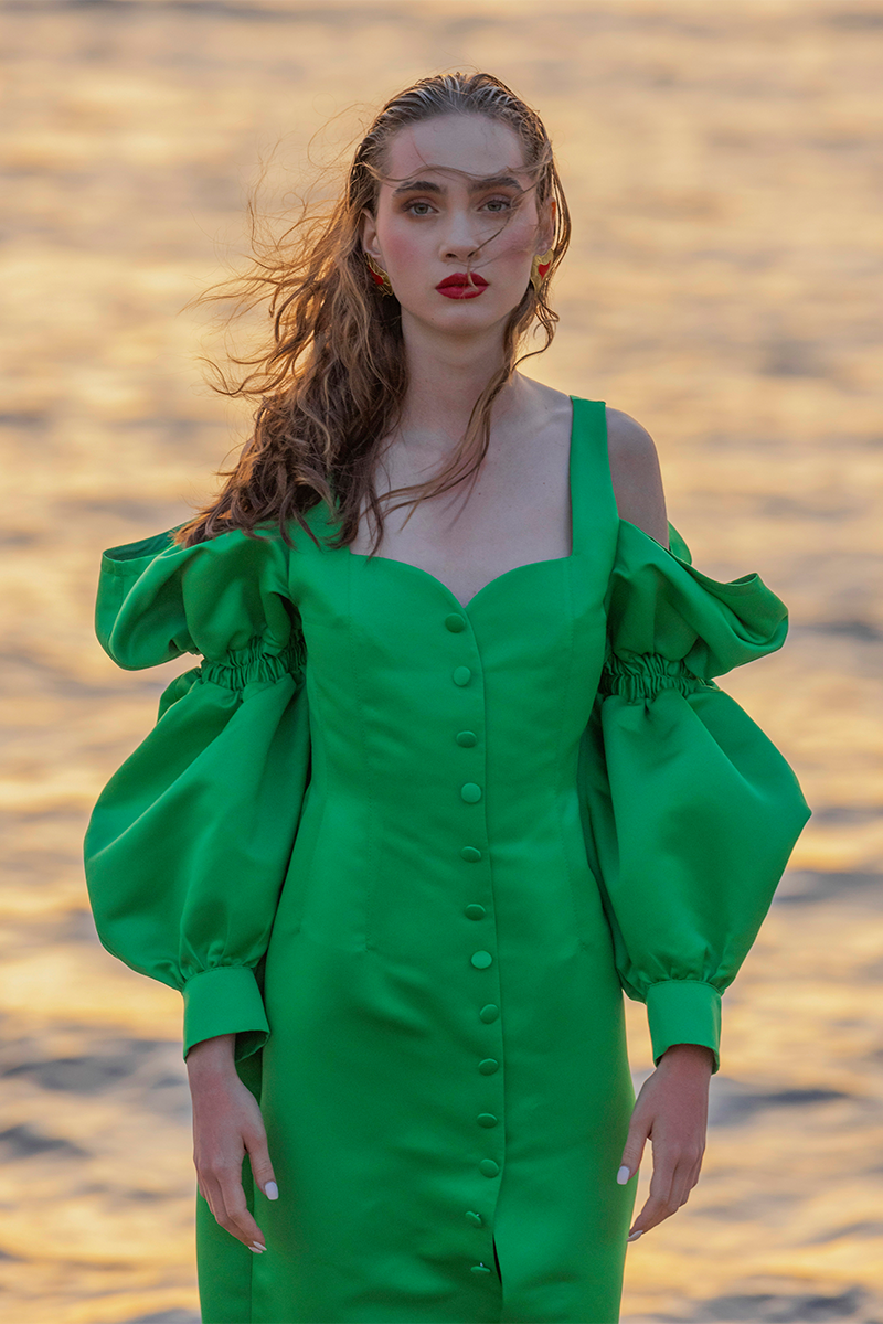 GREEN PUFF SLEEVES DRESS - CULT MIA