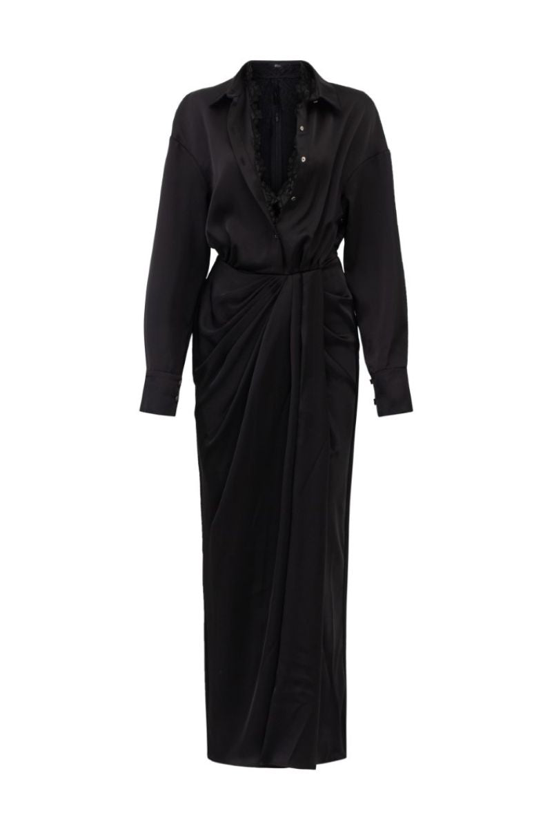 EIRA BLACK SILK SATIN PLEATED MIDI DRESS - CULT MIA