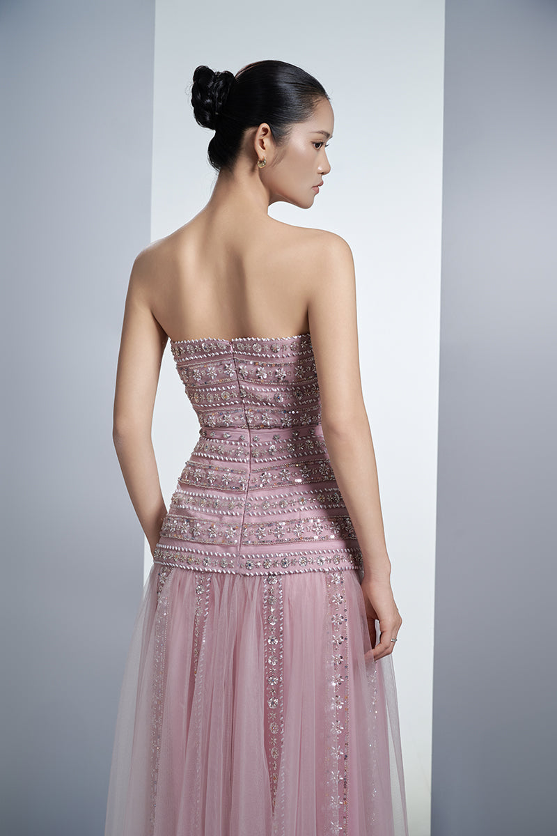 EMBELLISHED HOODED MESH MAXI DRESS IN DUSTY PINK - CULT MIA