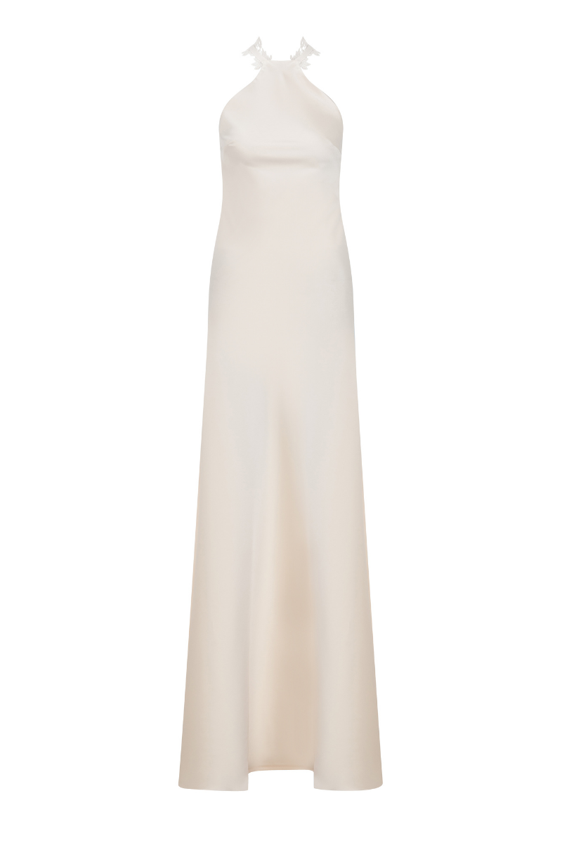 HALTER NECK MAXI SATIN DRESS WITH LACE TRIMMINGS IN ECRU | CULT MIA | Sudi Etuz HALTER NECK MAXI SATIN DRESS WITH LACE TRIMMINGS IN ECRU | CULT MIA | Sudi Etuz