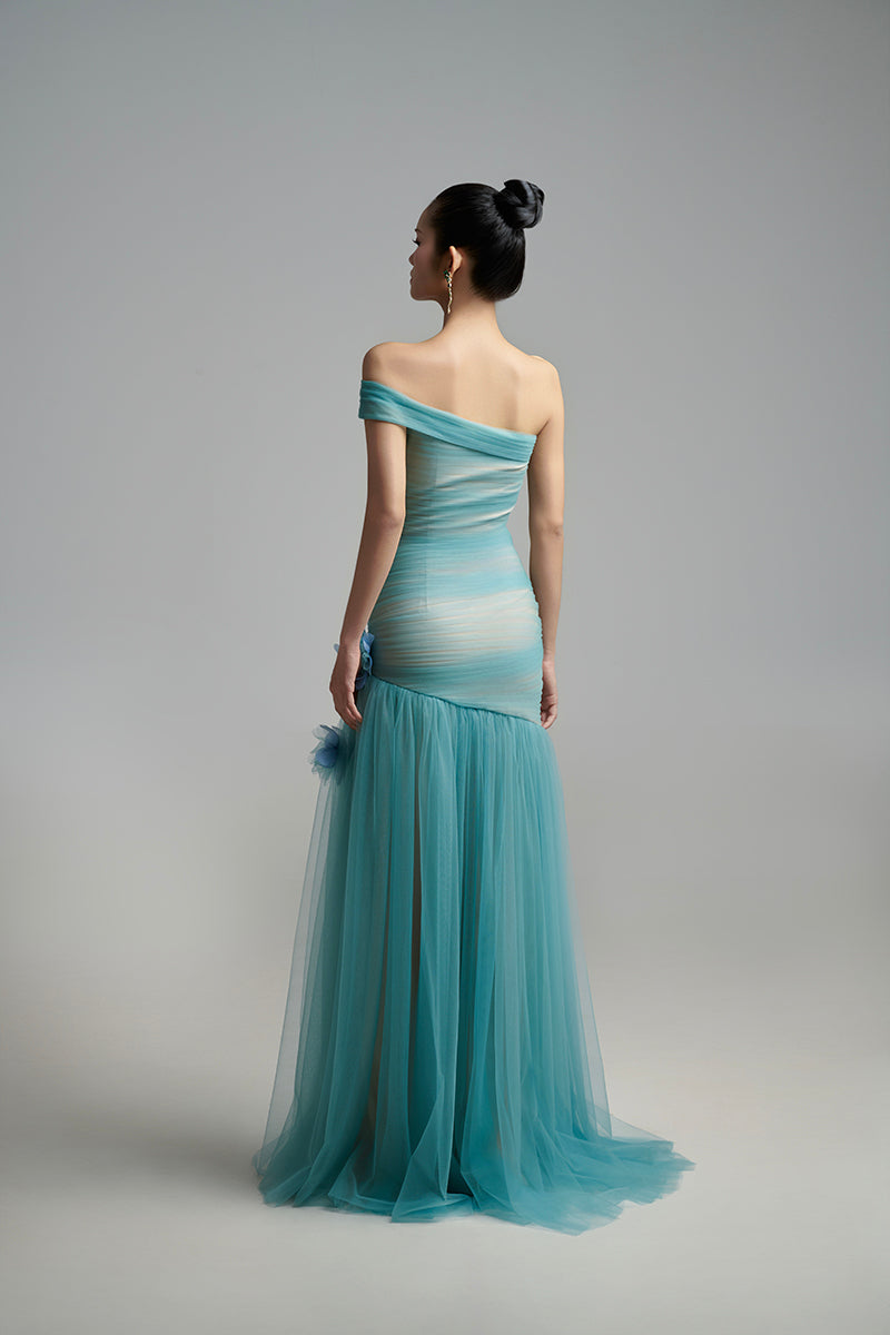 3D FLOWER ONE SHOUDLER ORGANZA MAXI DRESS - CULT MIA