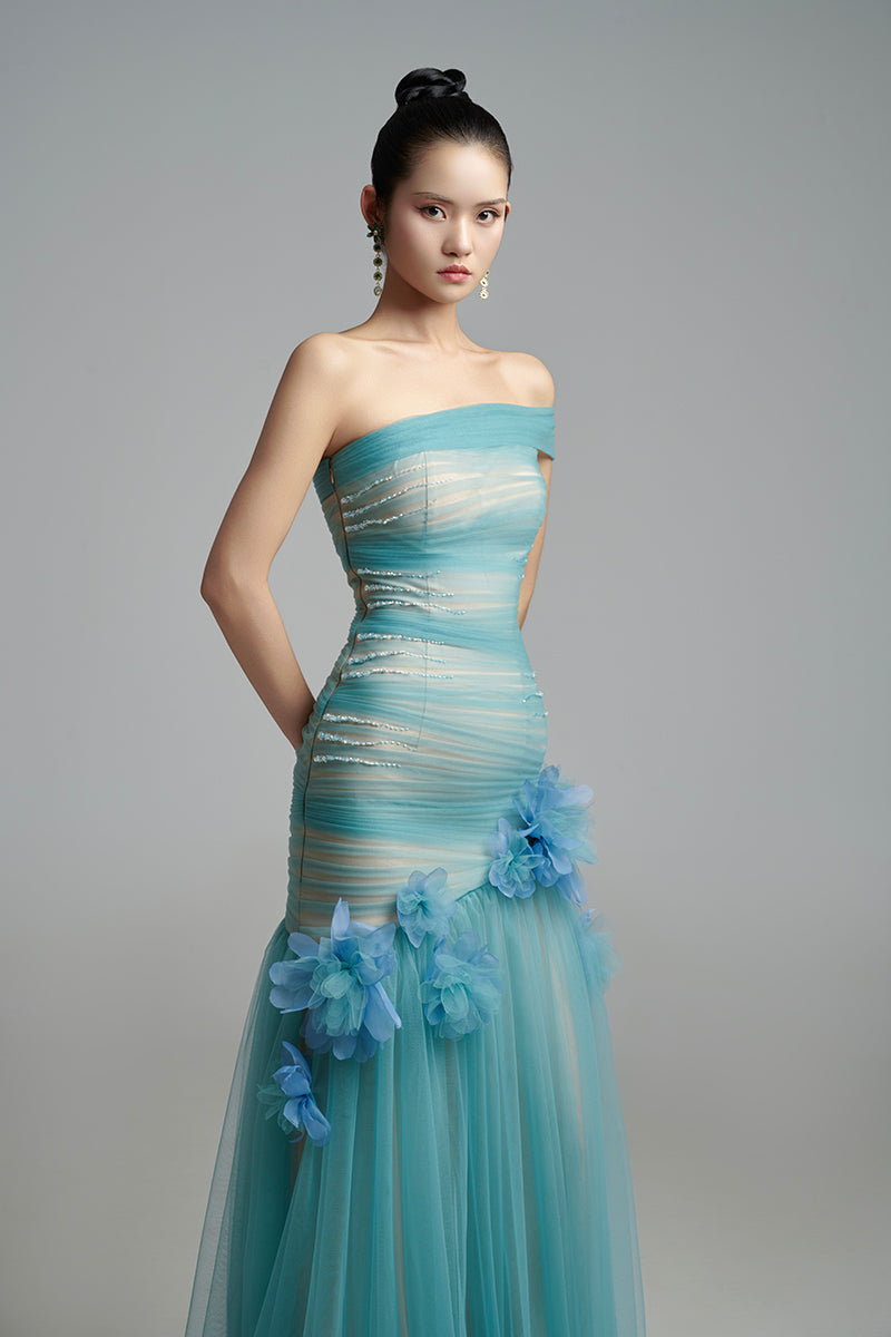 3D FLOWER ONE SHOUDLER ORGANZA MAXI DRESS - CULT MIA