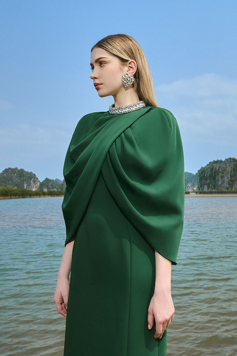 GREEN COLLAR STONE EMBELLISHED CAPE WITH GOWN SET - CULT MIA