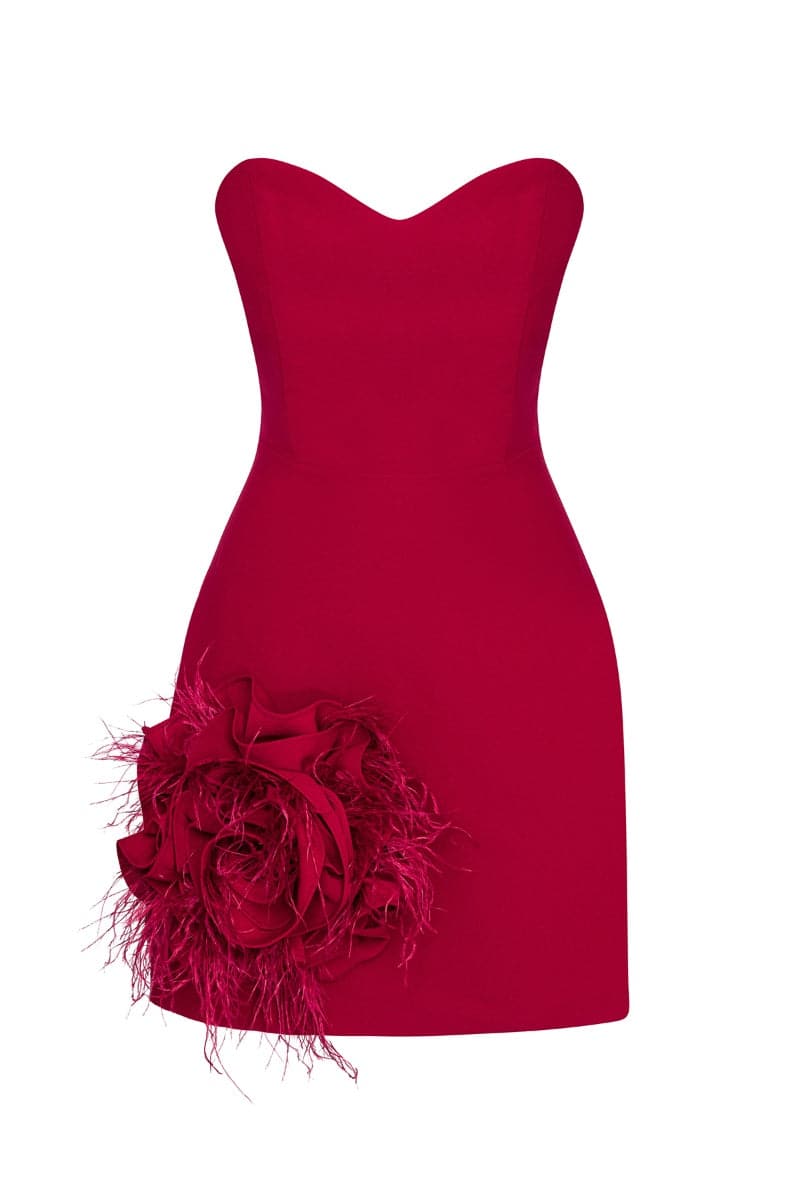 red dress with fluffy trim OSTRICH FEATHER TRIM CAPE DRESS IN RED | CULT MIA