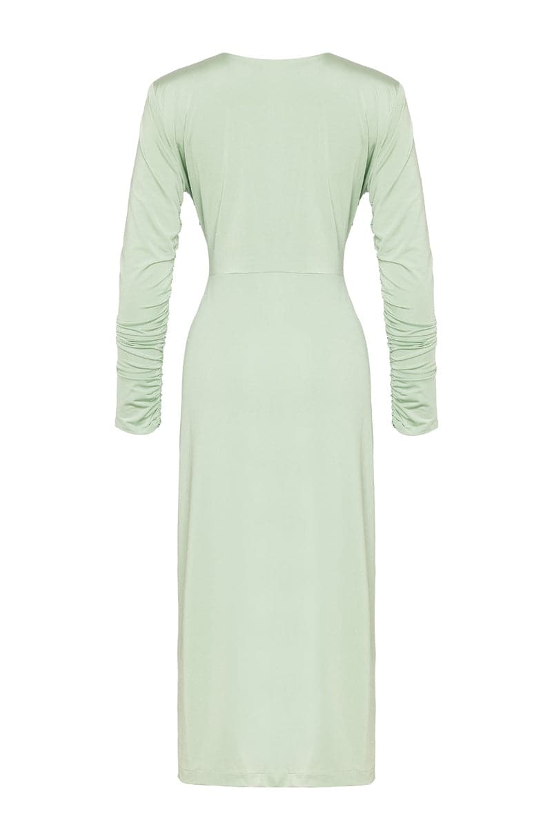 GREEN RUCHED ASYMMETRIC JERSEY MIDI DRESS - CULT MIA
