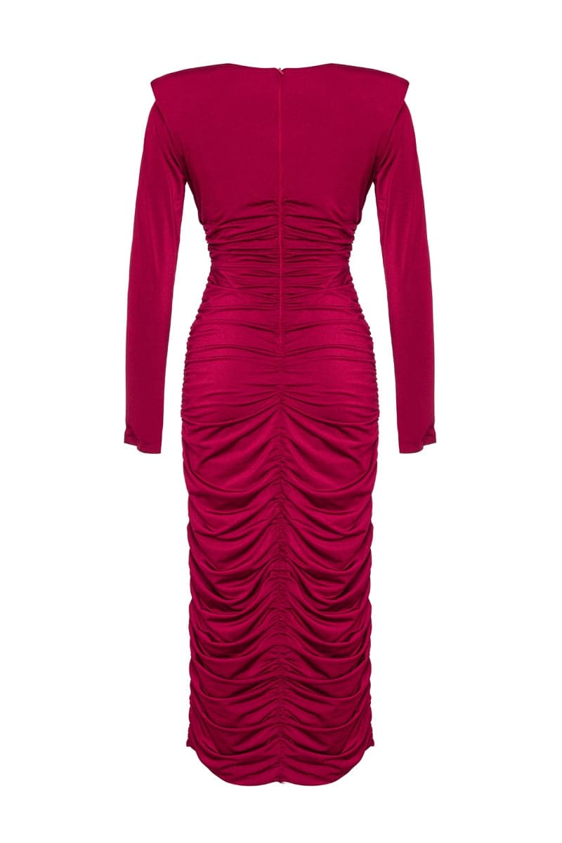 SAHAR RED RUCHED STRETCH-JERSEY MIDI DRESS - CULT MIA