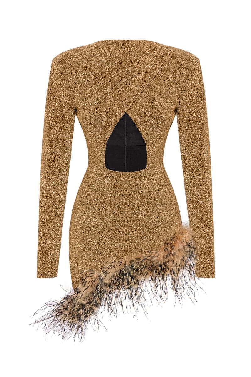 Nana Gotti Golden Metallic Feather-trimmed Mini Dress | Cult Mia Nana Gotti Golden Metallic Feather-trimmed Mini Dress | Cult Mia