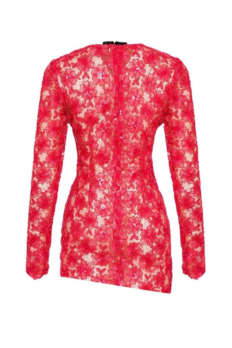 CUT-OUT 3D SATIN ROSE SEQUINED-LACE MINI DRESS - CULT MIA