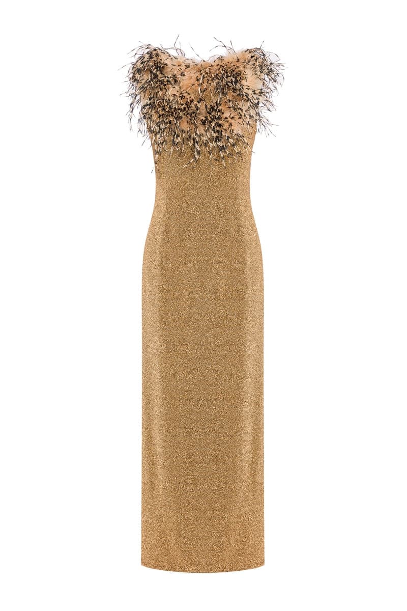 GOLD FEATHER DETAILED MIDI DRESS | CULT MIA | Nana Gotti GOLD FEATHER DETAILED MIDI DRESS | CULT MIA | Nana Gotti