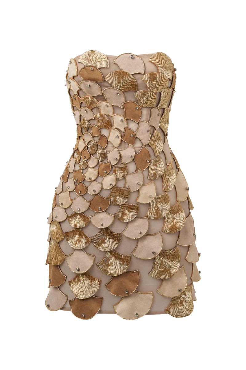 RADICALLY SCALED SLEEVELESS BUSTIER DRESS IN BEIGE | CULT MIA | Phan Huy RADICALLY SCALED SLEEVELESS BUSTIER DRESS IN BEIGE | CULT MIA | Phan Huy