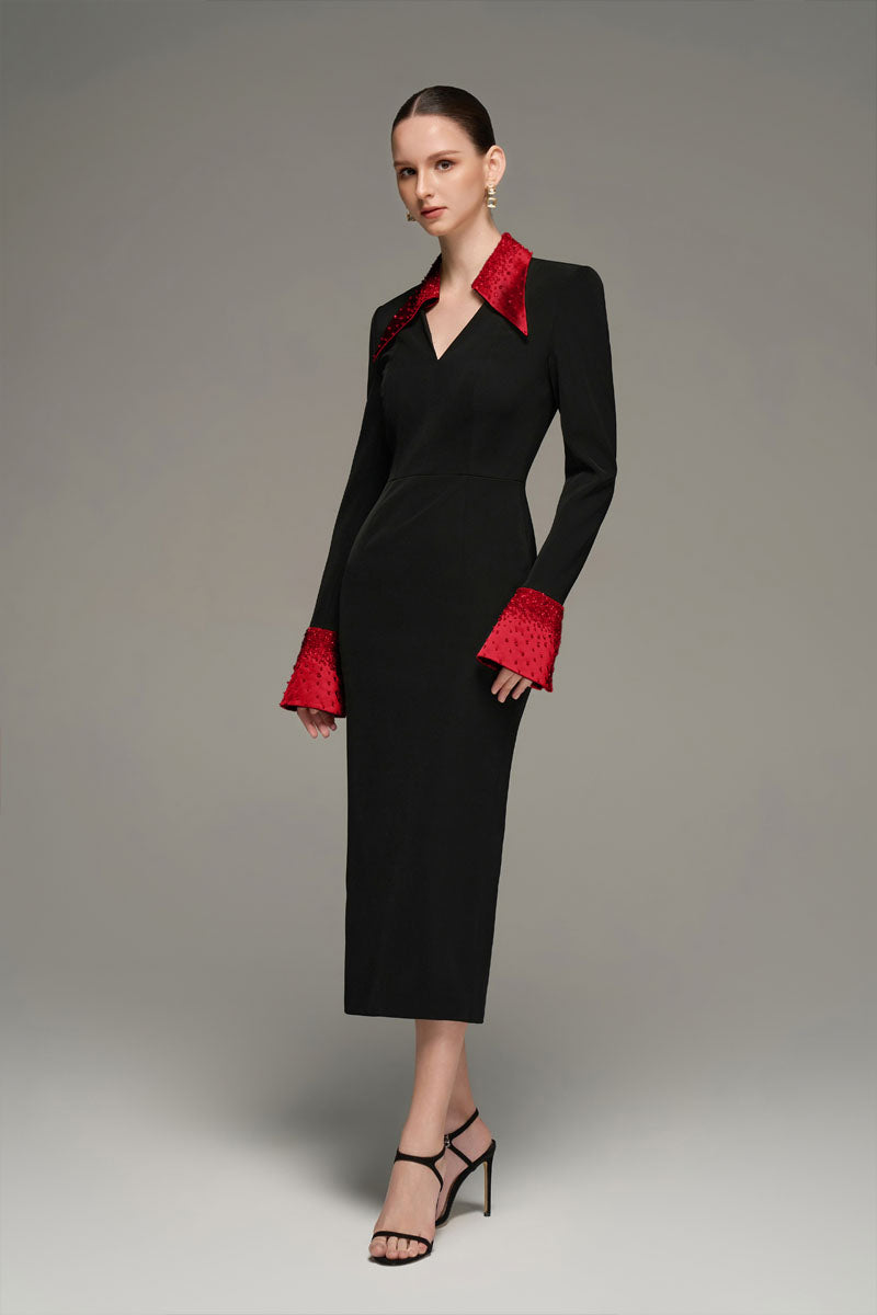 V-NECK FLARED CUFF KNEE LENGTH DRESS IN BLACK AND RED - CULT MIA