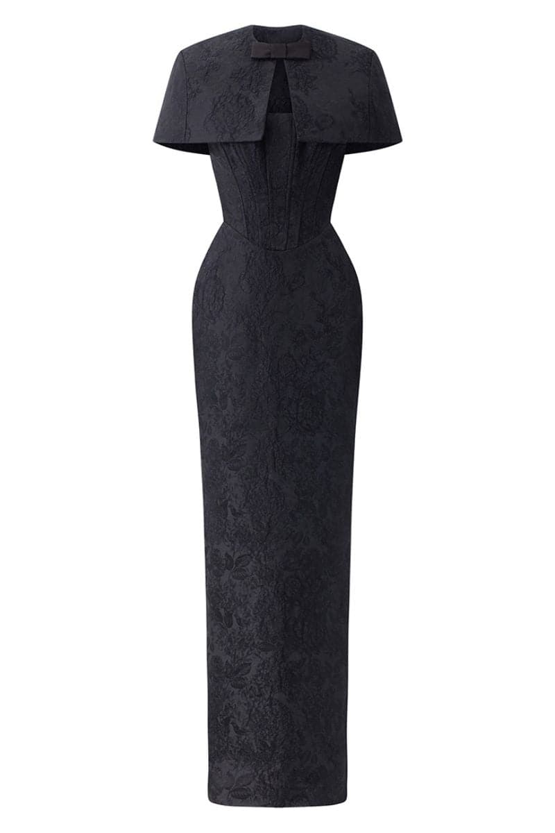 BLACK BUSTIER GOWN WITH MINI CAPE | CULT MIA | I.H.F BLACK BUSTIER GOWN WITH MINI CAPE | CULT MIA | I.H.F