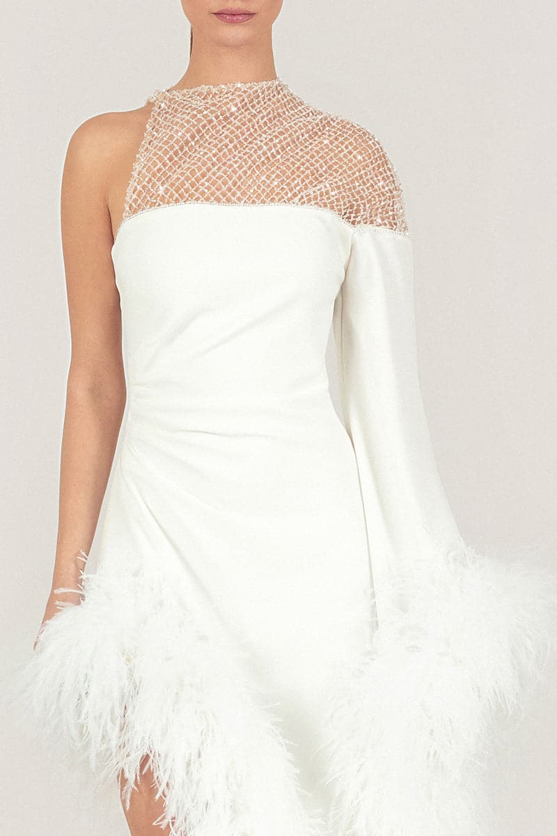 LUXURY FEATHER-TRIM CREPE MAXI DRESS - CULT MIA