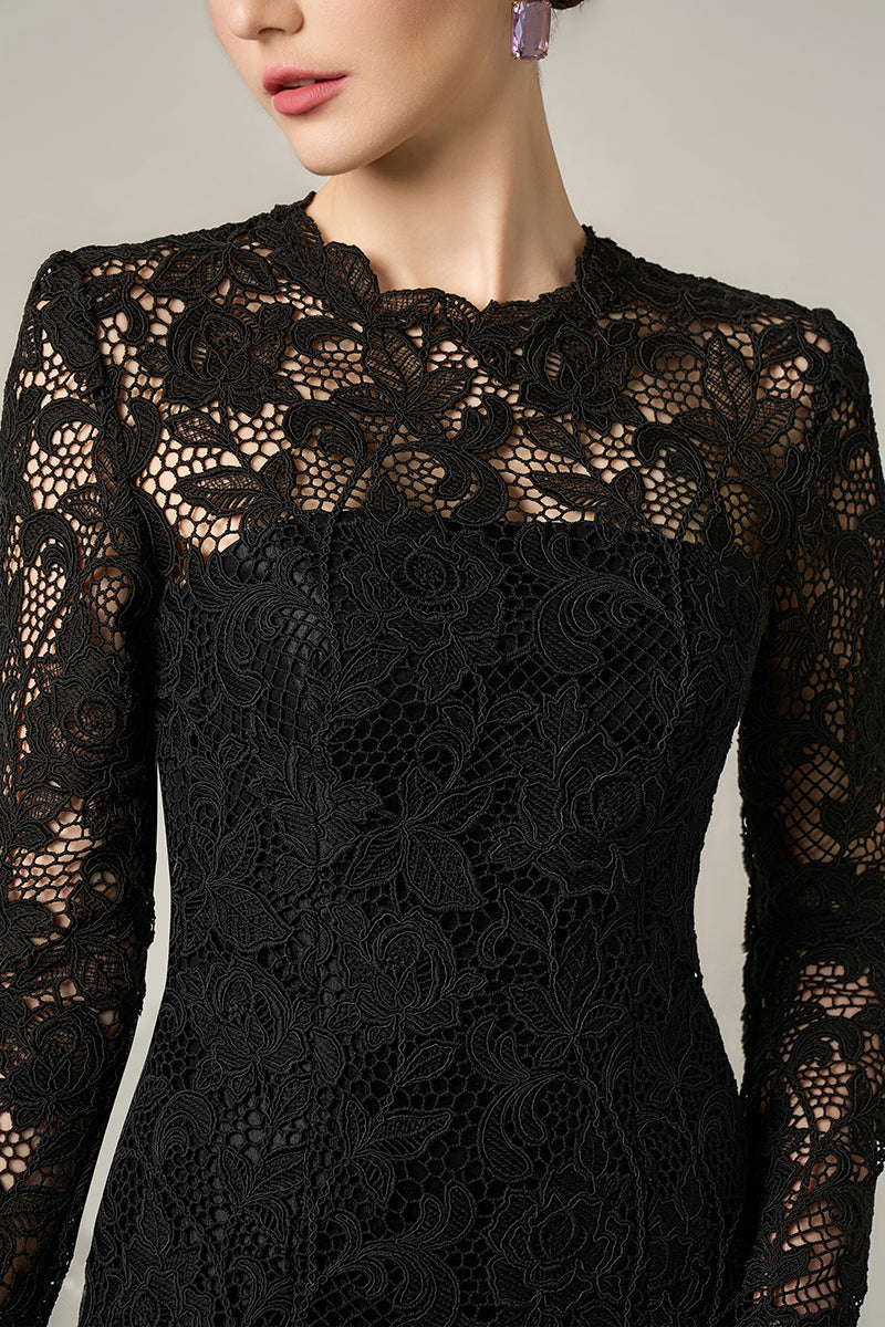 GUIPURE LACE AND TAFFETA DRESS IN BLACK - CULT MIA