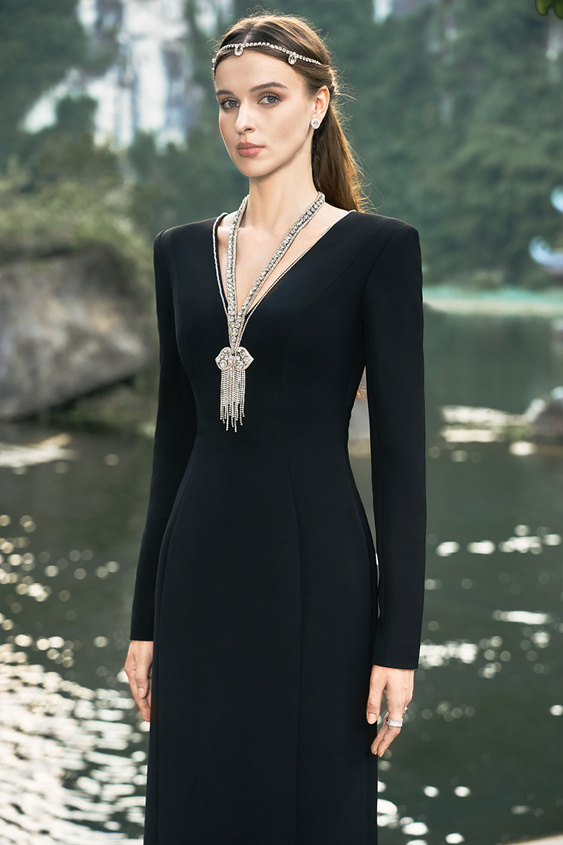 BLACK LONG SLEEVE BACK SLIT GOWN - CULT MIA
