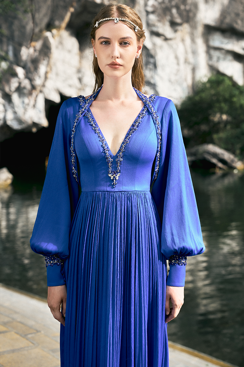 COBALT LONG PUFFY SLEEVE V-NECK GOWN - CULT MIA