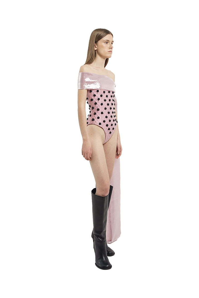 QUILTED BODYSUIT WITH FLOWER EMBROIDERY IN PINK - CULT MIA