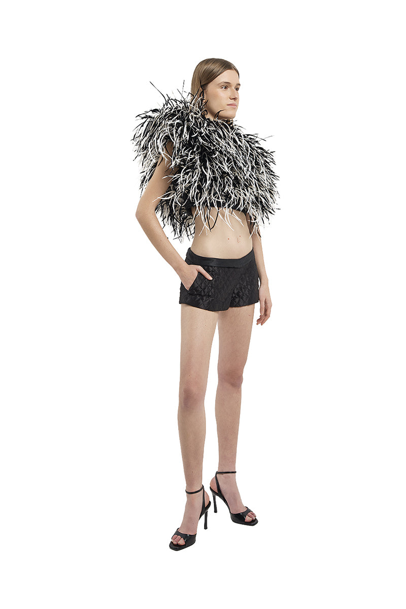 FEATHER ASYMMETRICAL CORSET IN BLACK AND WHITE - CULT MIA