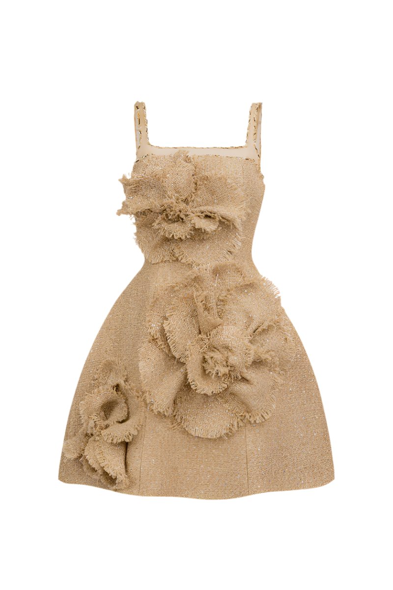 HAPPY CLOTHING FLORAL TWEED MINI DRESS IN BEIGE | Cult Mia HAPPY CLOTHING FLORAL TWEED MINI DRESS IN BEIGE | Cult Mia