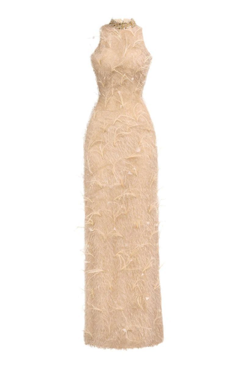 FEATHER MAXI DRESS IN BEIGE | CULT MIA | HAPPY CLOTHING FEATHER MAXI DRESS IN BEIGE | CULT MIA | HAPPY CLOTHING