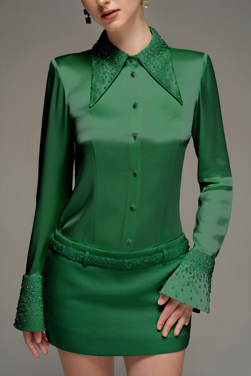 SATIN SHIRT AND SKIRT SET IN DARK GREEN - CULT MIA
