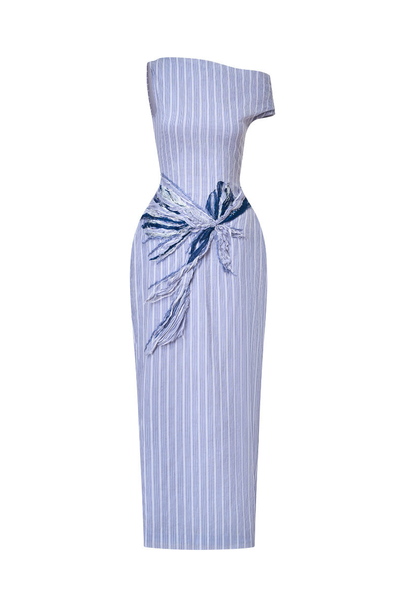 EMBROIDERED PINSTRIPE OFF-SHOULDER DRESS IN BLUE